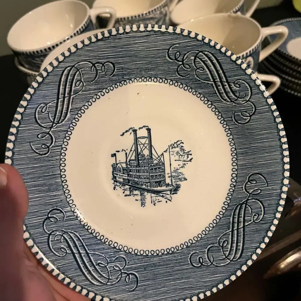 Set of 10 currier & Ives tea coffee mugs and plates